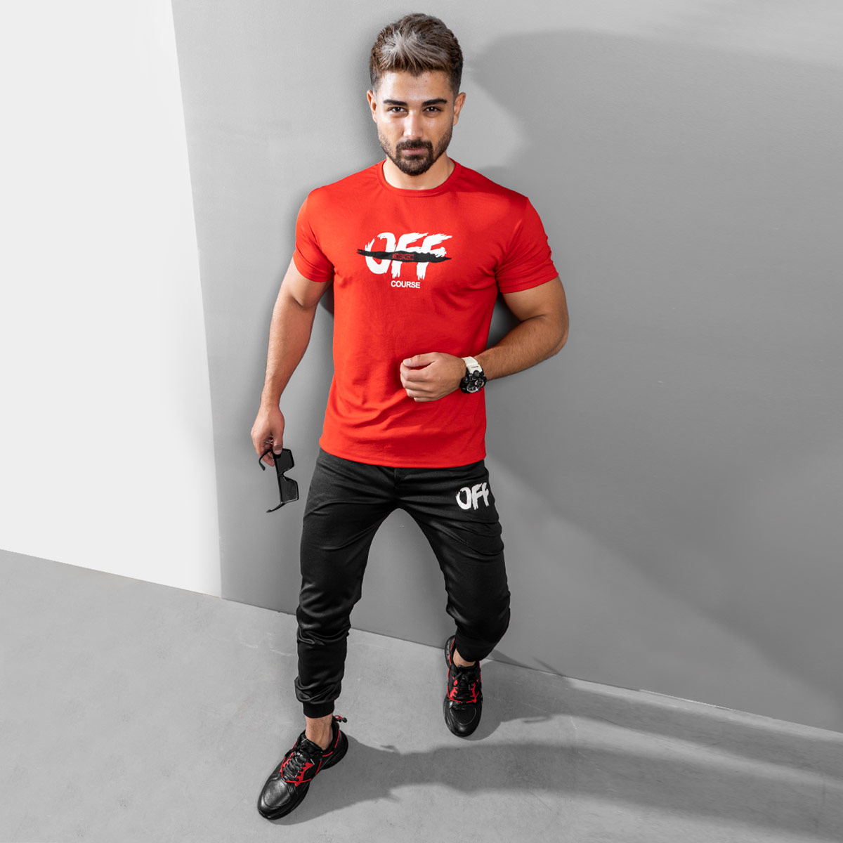 ست تیشرت شلوار مردانه OFF Course قرمز مدل Padma