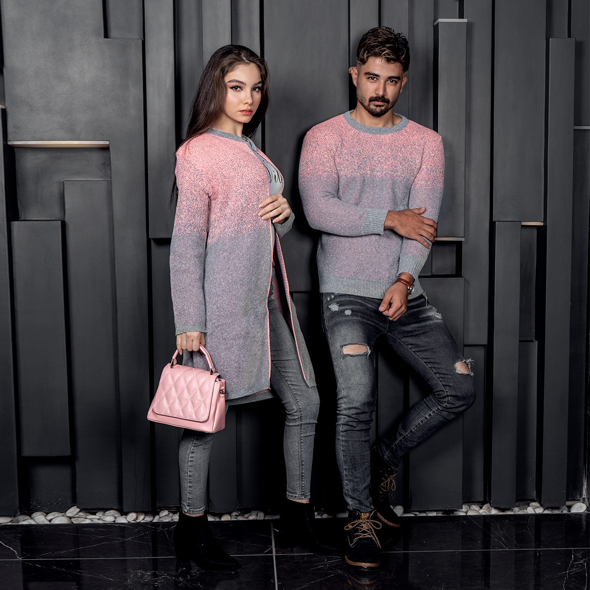 ست بافت طوسی صورتی مدل Shiba