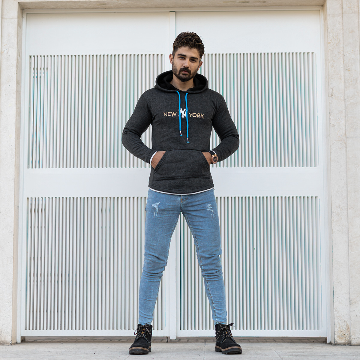 هودی مردانه مدل new york رنگ طوسی