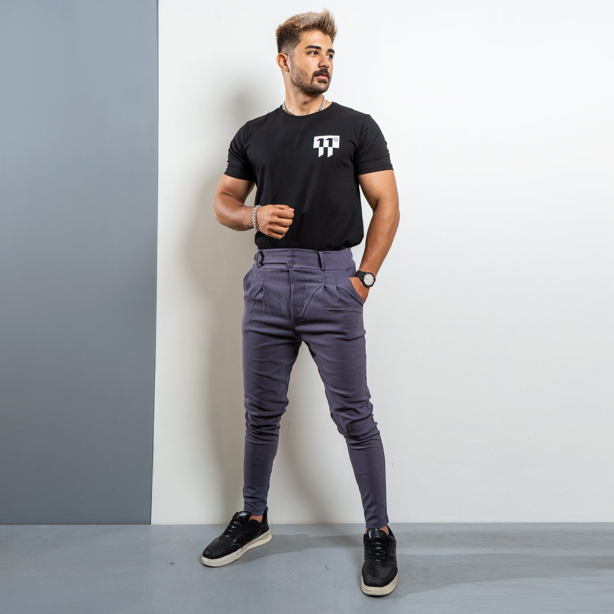 شلوار اسلش کمربندی طوسی مردانه مدل Zaros