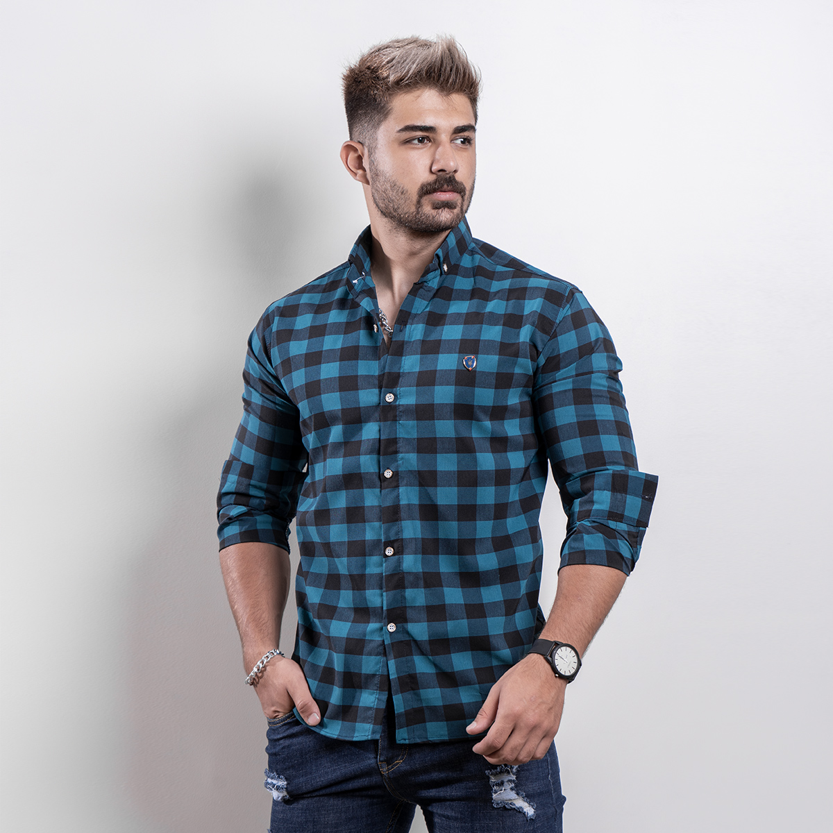 پیراهن شطرنجی سبز مردانه مدل Crown