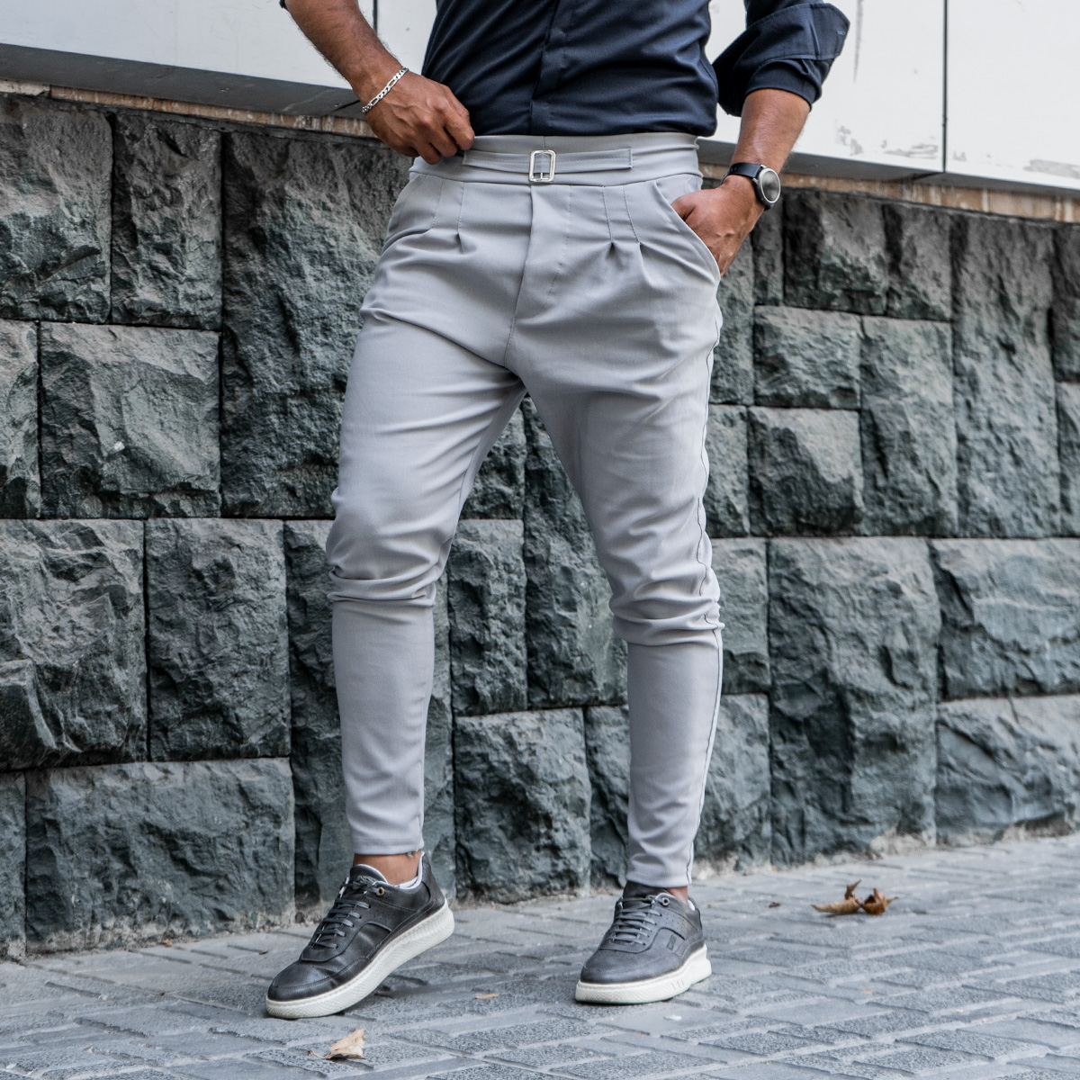 شلوار اسلش سگک دار مردانه طوسی روشن مدلPartiv