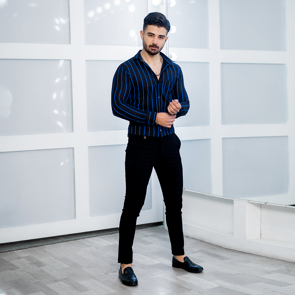 پیراهن مردانه راه راه آبی مدل Melvis